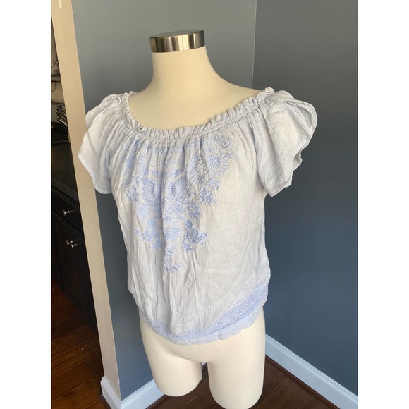Hollister baby blue off the shoulder embroidered boho top - Picture 5 of 13